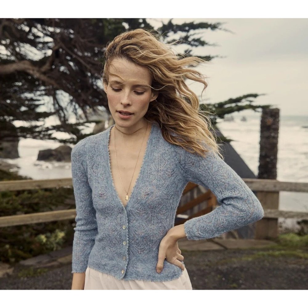 DOEN Chandel Blue Azure Eyelet Lightweight Alpaca Cardigan Womens Sweater XS